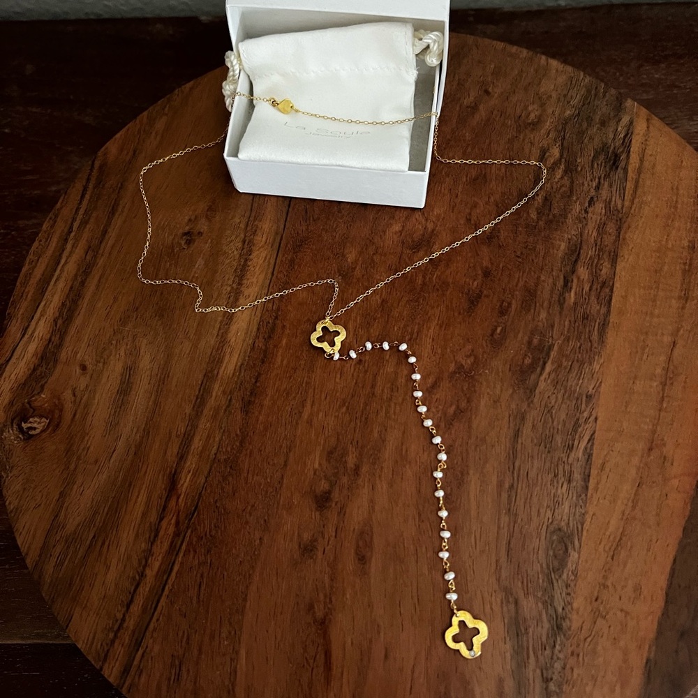 NEW La Soula Gold Plated Y Necklace with White Mother-of-Pearl and Diamond Drop